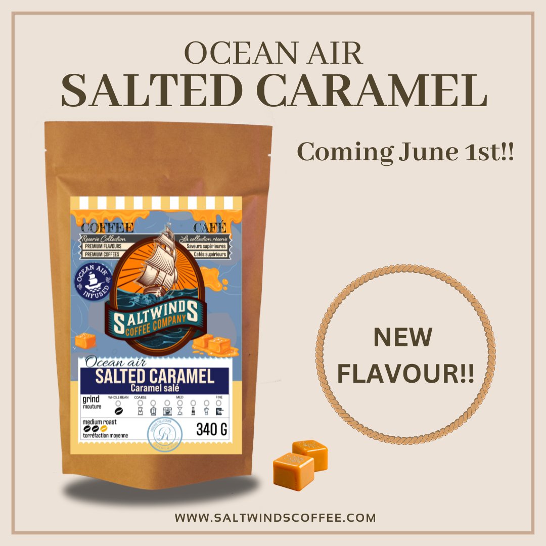 🌟Introducing our new Ocean Air Salted Caramel coffee!! 🌟This delicious new flavour with be available starting June 1st, however, we are giving a free 100g bag of Salted Caramel with every online order from now until May 31st! Who's excited?? 🙋☕ #saltedcaramel #LocalCoffee