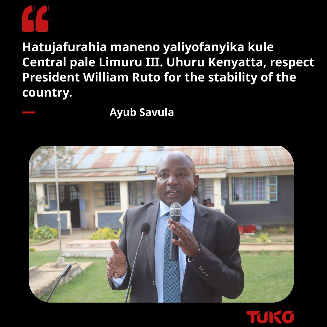 Tuko_co_ke's tweet photo. "Shika mimi. Siogopi chochote," Kakamega Deputy Governor Ayub Savula says, urges former president Uhuru Kenyatta to respect President William Ruto. 

#tukonews #Kenya #Politics #LimuruIII #AyubSavula https://t.co/g2v2KXfQRi