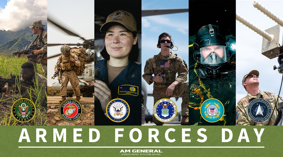 Today, we celebrate all of our warfighters for protecting our country. Happy Armed Forces Day to all our Soldiers, Marines, Sailors, Airmen, Coasties, and Guardians!

#AMGeneral #ArmedForcesDay #Army #Marines #Navy #AirForce #CoastGuard #SpaceForce