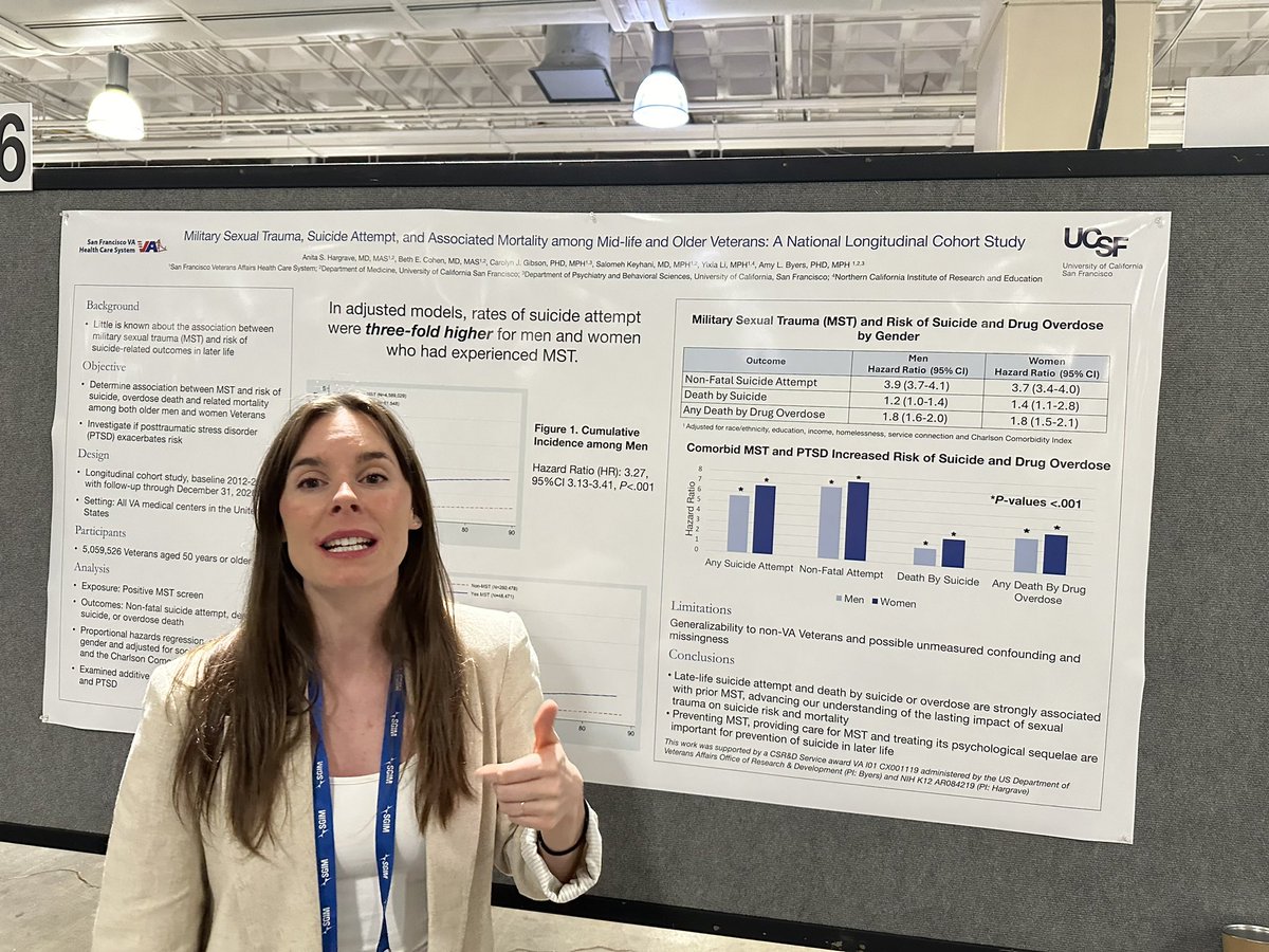 Important findings that Military Sexual Trauma continues to impact risk of suicide equally in men and women late in life.  #SGIM24