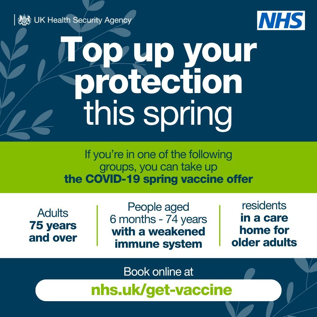 Top up your protection this spring! Getting your COVID-19 vaccine means your symptoms will be milder & you’ll recover faster if you catch COVID-19 this spring. More info from NHS HW here: bit.ly/4alyUe4