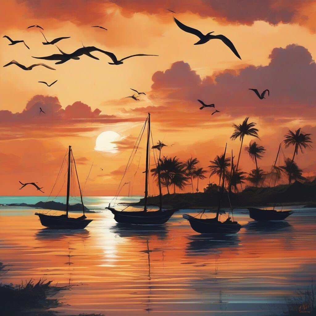 Illustration of a serene sunset scene in the Bahamas, with warm hues reflecting off the calm ocean, silhouetting sailboats on the horizon and seagulls gliding in the sky 🇧🇸 

#aiart