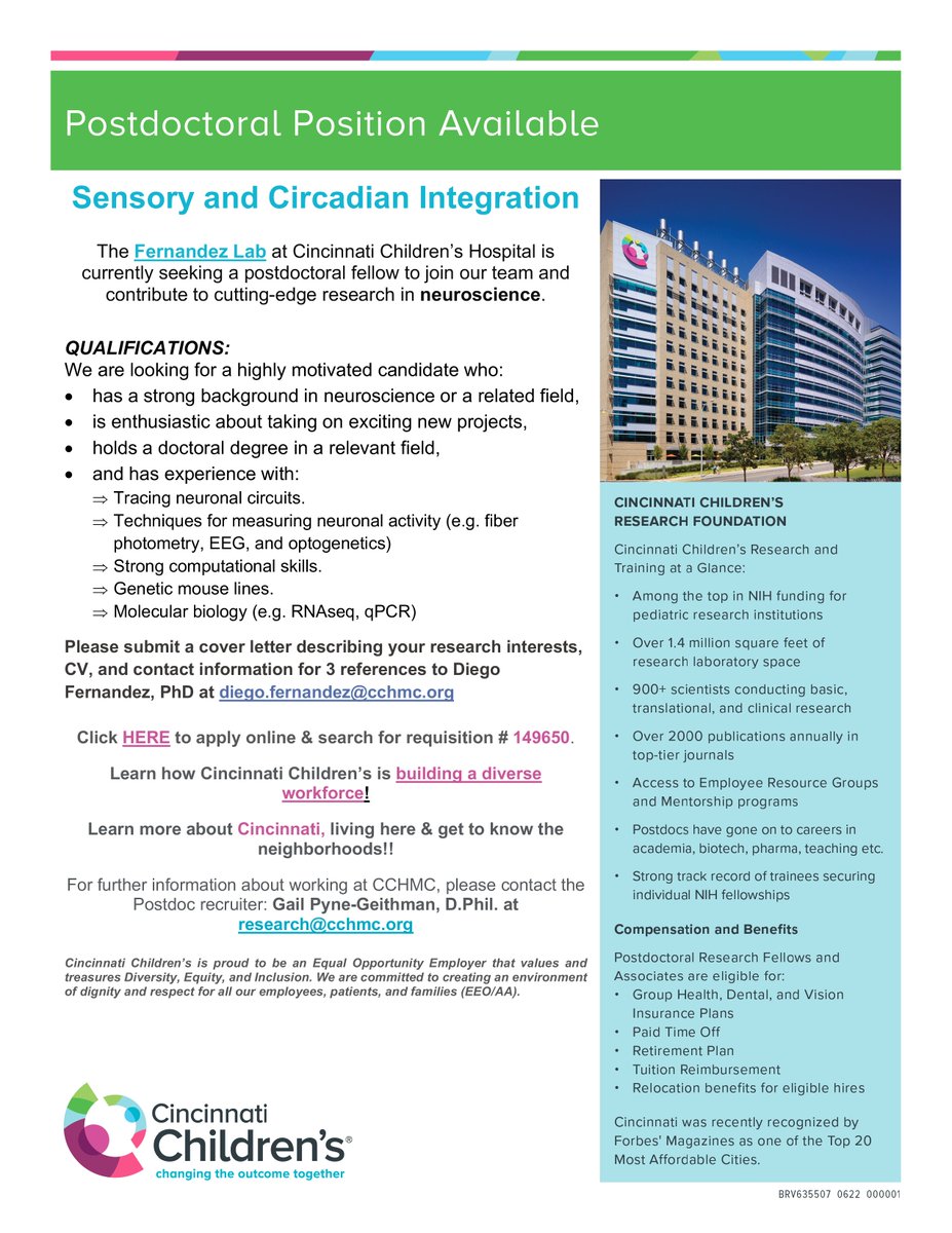 We have an open #postdoc position at <a href="/CincyChildrens/">Cincinnati Children's</a> in #circadian, #neuroscience, and #mentalhealth.  At <a href="/SRBR_Outreach/">Society for Research on Biological Rhythms</a> ? contact me to learn more about the position. #ScienceJobs #ResearchJobs
➡️Please RT #chronojobs <a href="/PostdocP/">Post-doc Positions</a> <a href="/SAN_neuroAr/">SAN_Neurociencias</a>