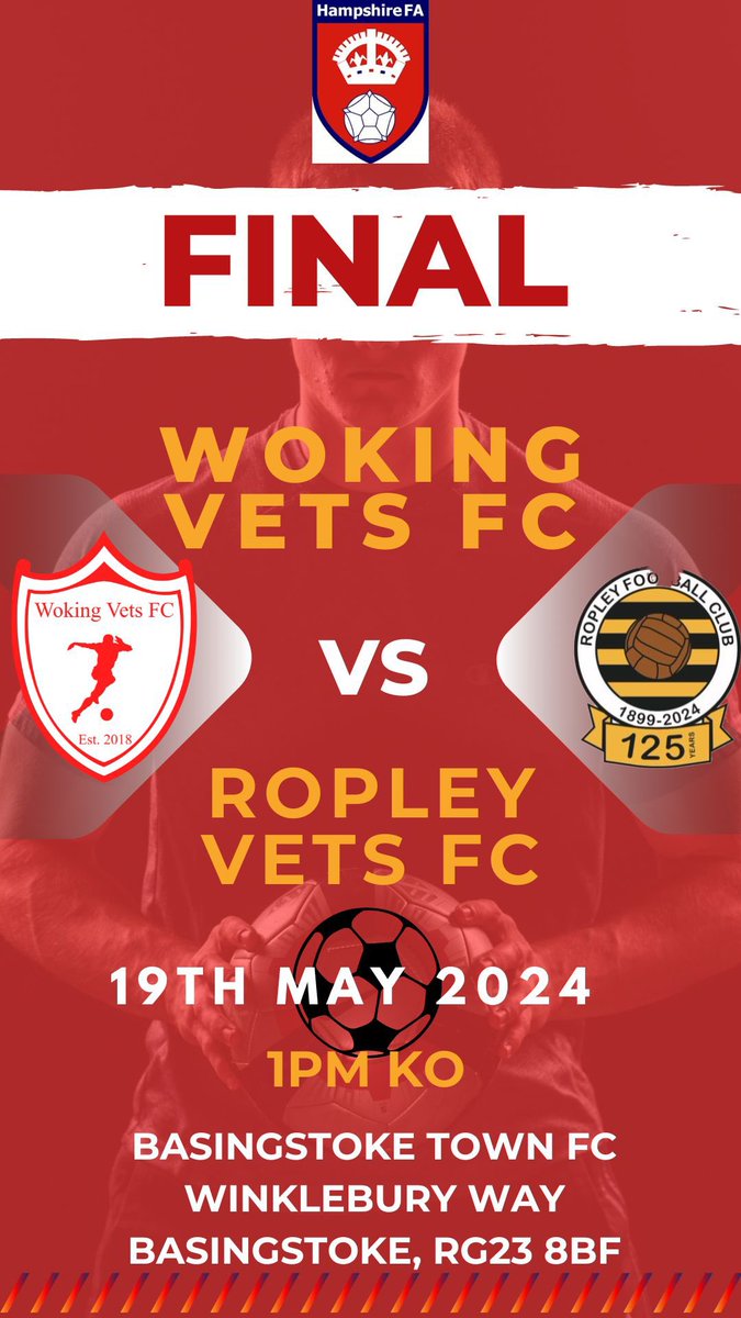 No football today but less than 24 hours until we play our last cup final of the season 

@HampshireFA vets cup
⏰ 13:00
🆚 @RopleyFootball vets
📍 @Basingstoke_FC 

We welcome as much support as possible. 

⚽️⚽️⚽️👍