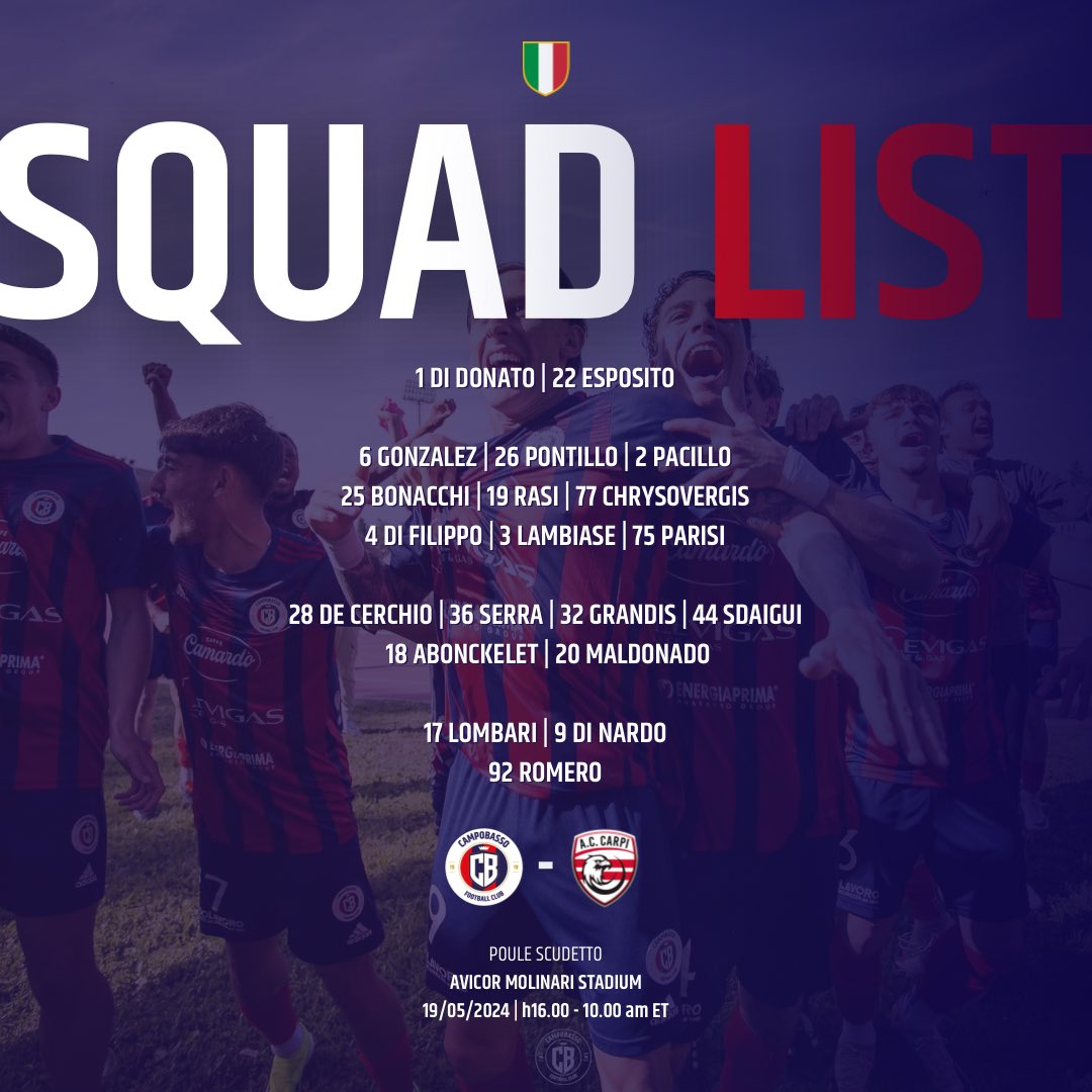 🔴🔵SQUAD LIST
I convocati per il secondo turno di Poule Scudetto #CAMCAR