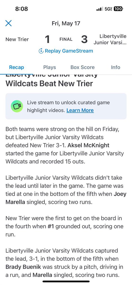 Great win against a tough New Trier team. I went 1-2 with the go-ahead 2 RBI single in the 5th.