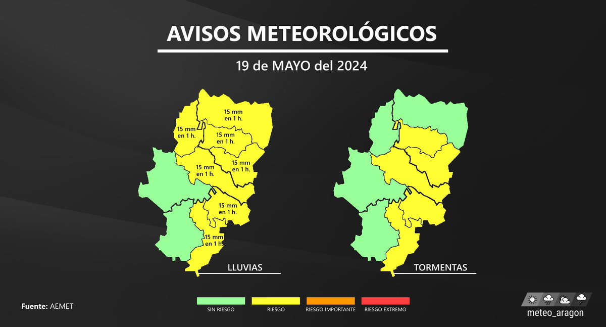 Los chubascos durante este domingo van a ganar terreno e intensidad en muchas zonas de Aragón... Localmente podrán ser incluso fuertes e ir acompañadas de tormenta. De hecho, la AEMET ha activado para mañana avisos amarillos por lluvias y tormentas: