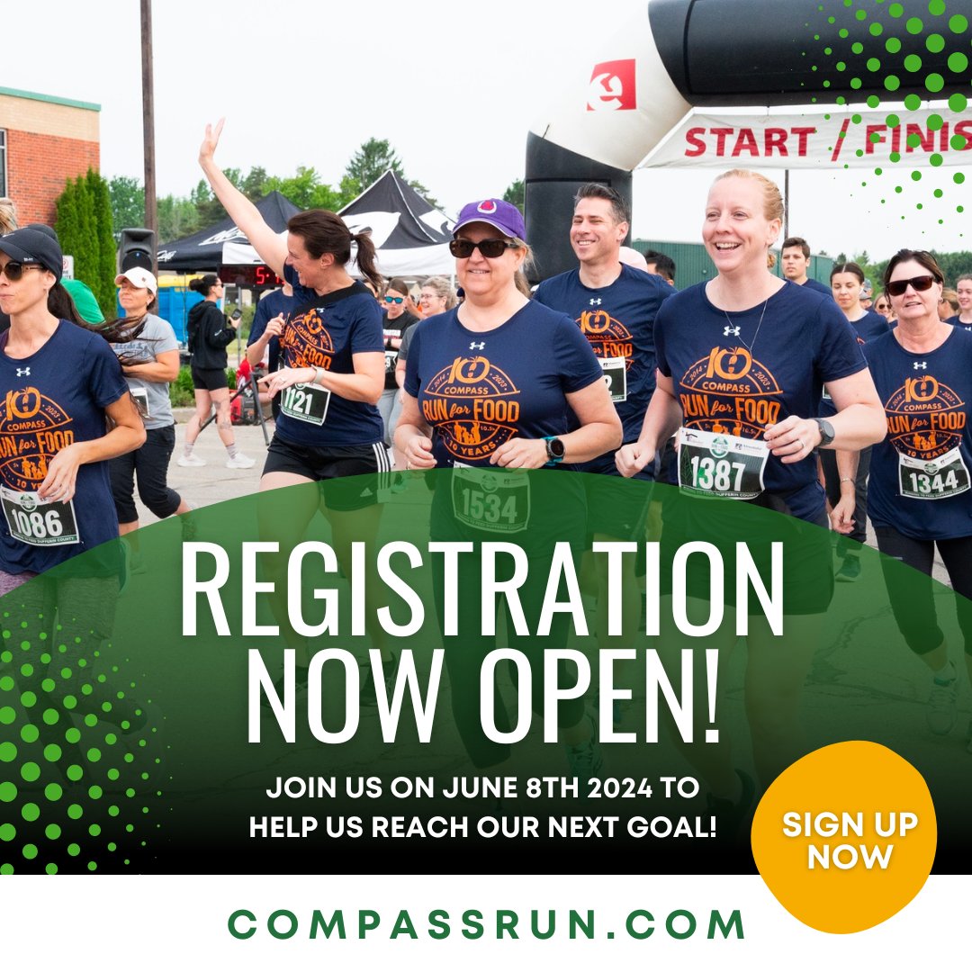 Registration is now open for the annual Compass Run for Food! 🏃‍♂️ Since 2014 this event has raised $467,000 to help feed kids and families in our local communities 🤩 June 8, 2024 compassrun.com #RunForFood #Orangeville #DufferinCounty