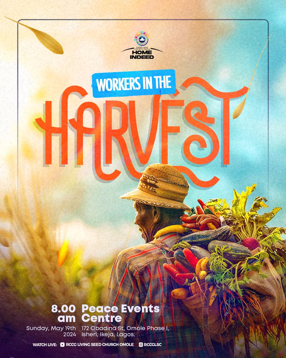 It is time to understand our calling as workers in this harvest season. 

Join us tomorrow by 8am. It’s going to be an impactful experience!

#teamard #rccglsc #harvest
