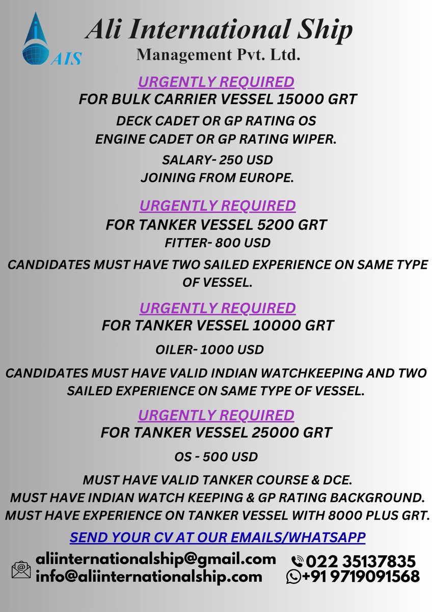 #shipping #aliinternationalship #Seafarers  #tankervessel #oiler #hiringnow #ShippingWorldwide #Sailorslife #Marine #fresher #dpvessel #offshore #Crew #Ship #Sea  #marineopportunity #merchantnavy #marineofficer #marinejobs #indianseamen #indianmerchantnavy #deckcadet #wiper