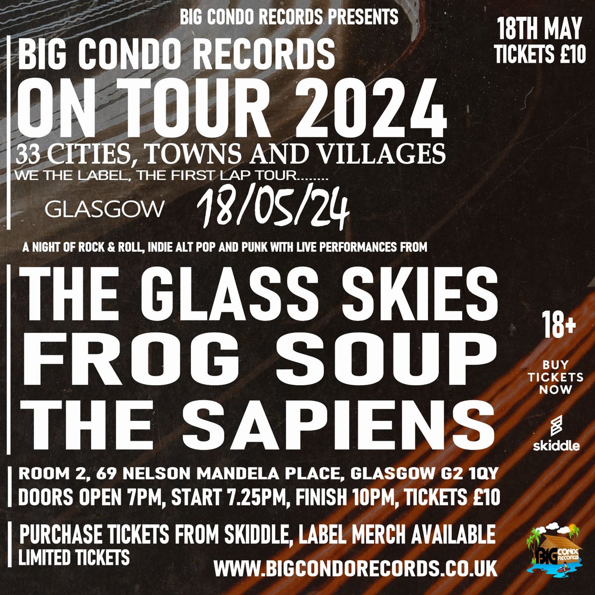 TONIGHT! 7-10pm @BigCondoRecords presents... 7.25 - 8.05 The Sapiens. 8.20 - 9 Frog Soup. 9.15 - 10 The Glass Skies. £12 entry on the door (cash or card). 18+.