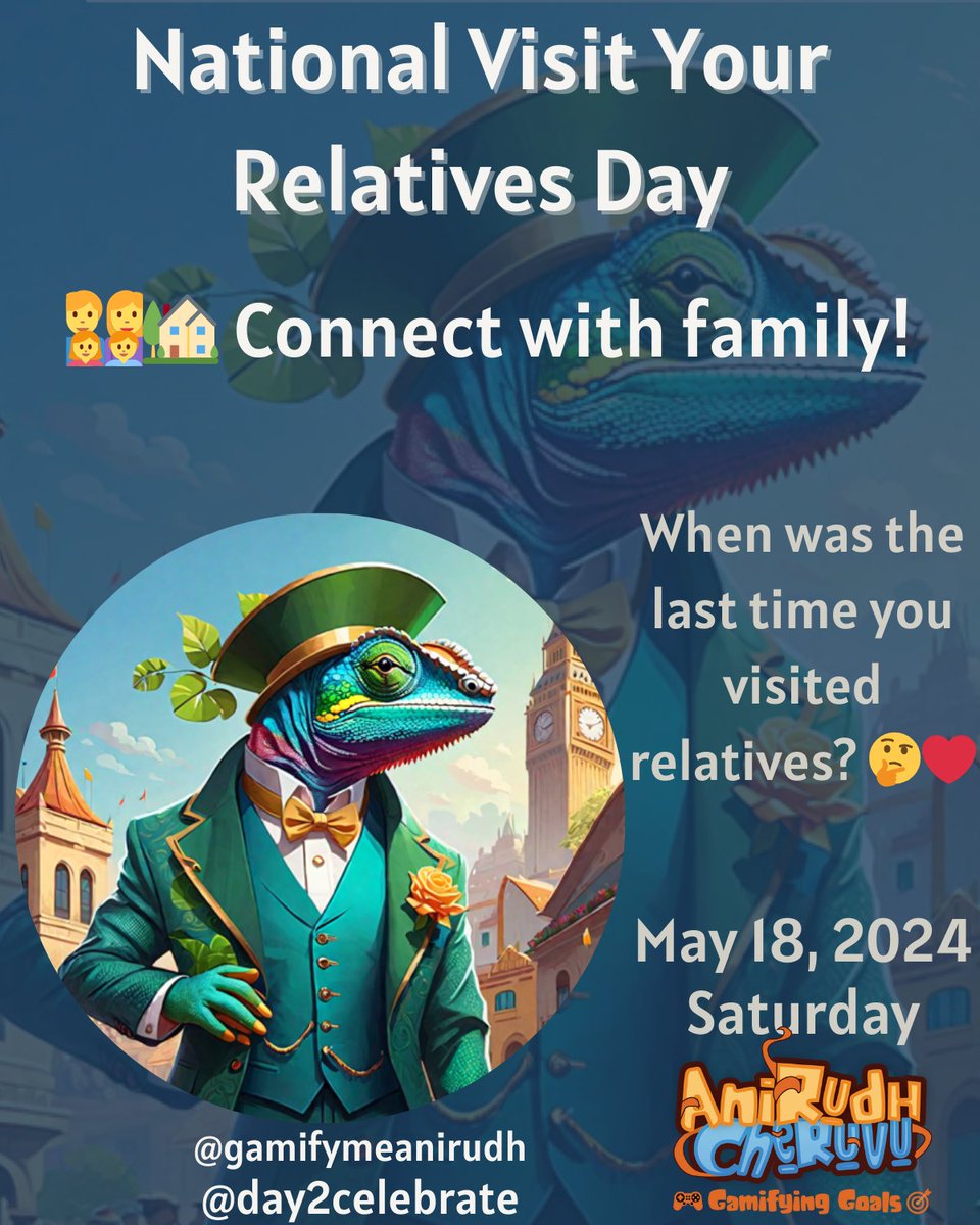 🏡👨‍👩‍👧‍👦 Happy National Visit Your Relatives Day! Today is the perfect opportunity to reconnect with family members, share laughter, and create cherished memories 

#NationalVisitYourRelativesDay #FamilyTime #QualityTime #FamilyReunion