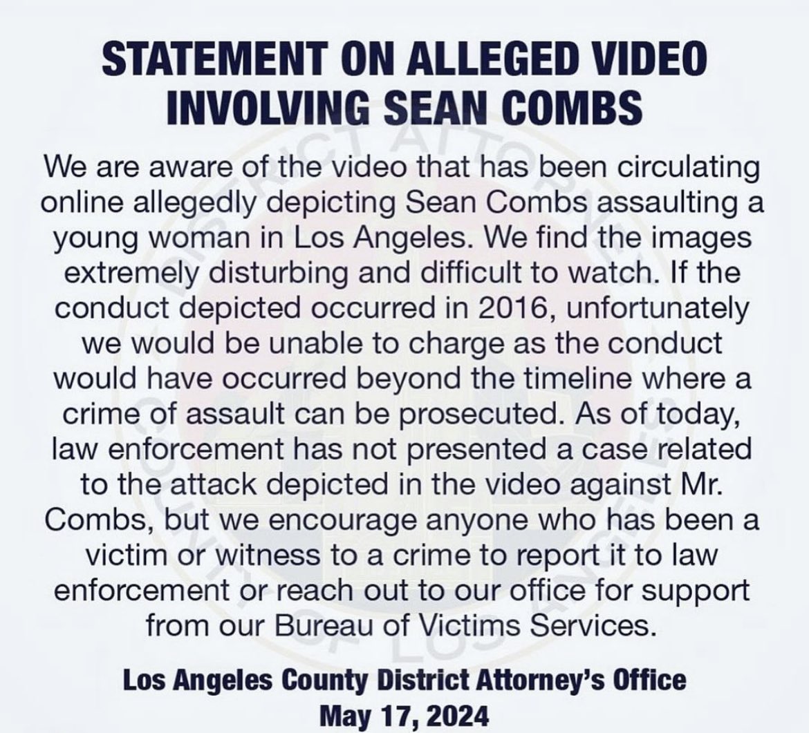 The LA Police say they can’t arrest Diddy over the Cassie video because it happened too long ago