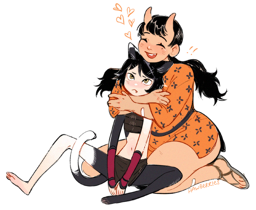 a drawing of Tade and Izutsumi sitting on the ground; Tade is hugging Izutsumi enthusiastically from behind, her arms looped around Izutsumi's shoulders. Izutsumi is sitting loose-limbed and looks nonplussed by the affection.