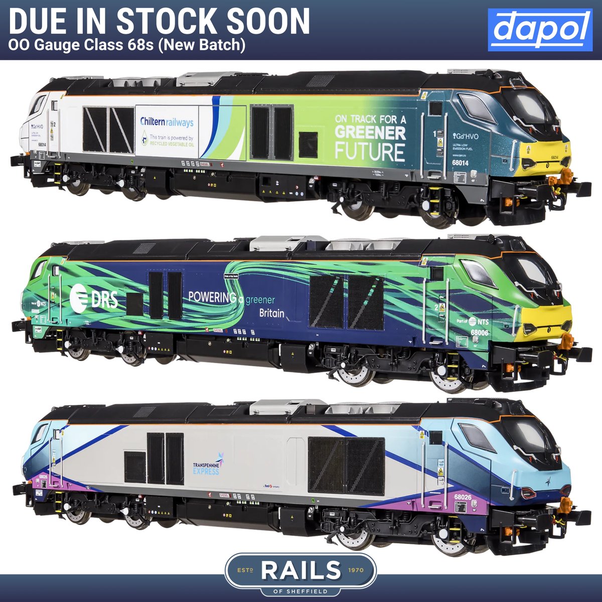 🚆 Dapol's next batch of OO gauge Class 68 locomotives  are due to arrive during June/ July 2024, including some new liveries not produced before! Pre-order yours from £153: tinyurl.com/ymfta32c