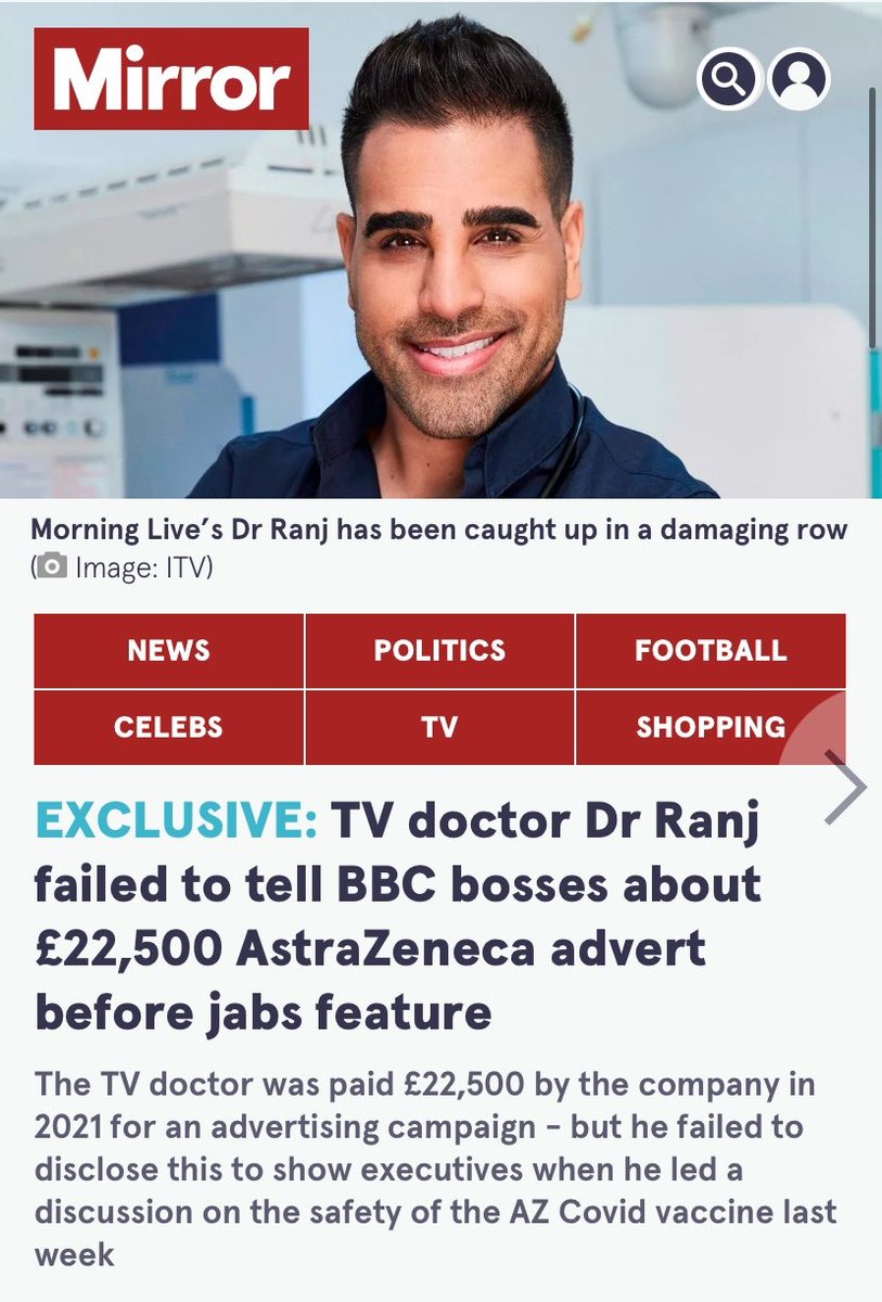 Dr Ranj!
Der korrupte Arzt, dem die Pharmakonzerne vertrauen!

£22.500 für AstraZeneca TV Promotion!

Nein, er ist nicht die seltene Ausnahme!
Allein in UK werden auf 200 Seiten Ärzte aufgelistet, die von der Pharma bezahlt wurden.

x.com/KaiserCut/stat…