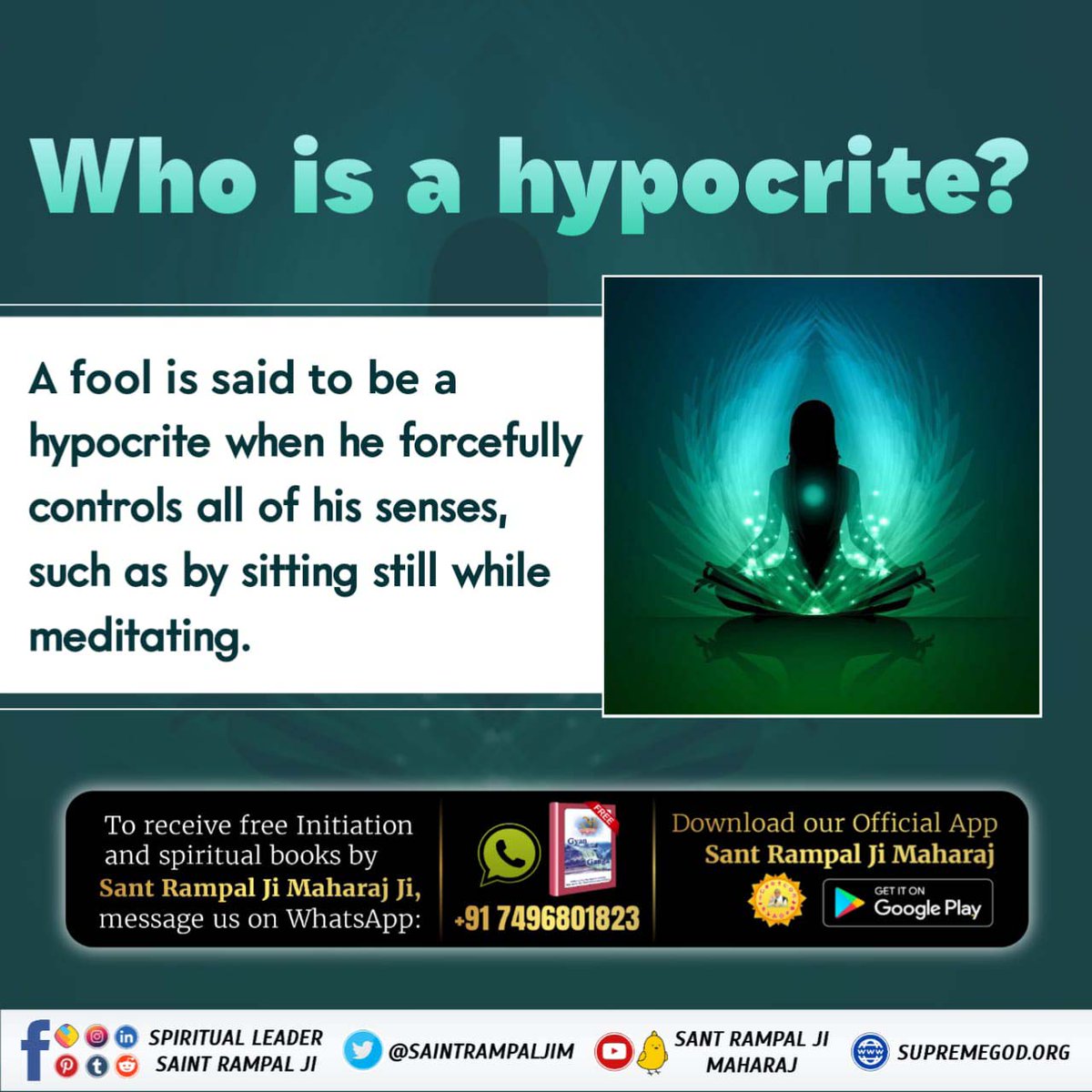 bhaktajitdass's tweet photo. #What_Is_Meditation
शास्त्र विरुद्ध मनमाना आचरण करने से कोई लाभ नहीं होता है। इस विषय में श्रीमद्भगवत गीता अध्याय 16 श्लोक 23 में कहा गया है कि शास्त्रविधि को त्यागकर जो व्यक्ति मनमाना आचरण करता है उसे न कोई लाभ होता है, न सुख प्राप्त होता है और न ही परमगति यानी मोक्ष मिलता है। https://t.co/haNhXx0azS