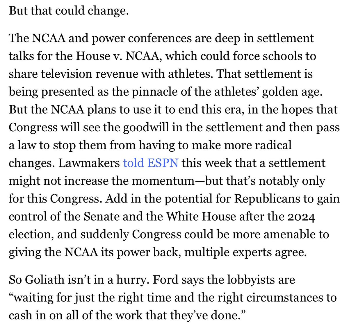 This is a must read article for those that care about college athletes’ rights. The lobbying to roll back and take away the athletes’ rights is going to intensify if/when there’s a House settlement. frontofficesports.com/newsletter/the…