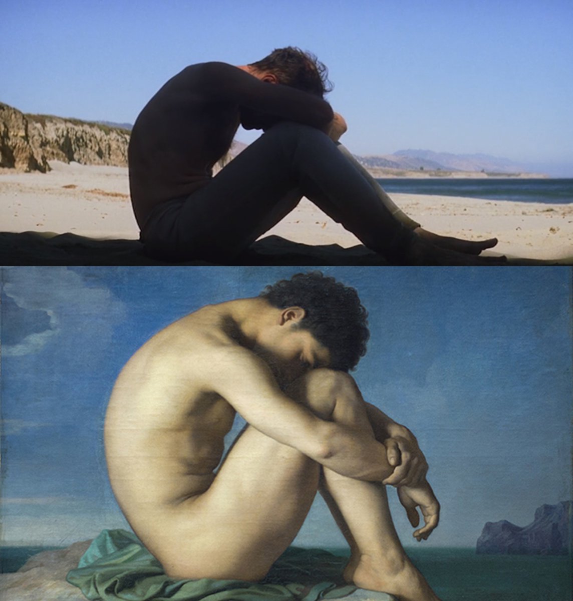 'There Will Be Blood' (2007) by Paul Thomas Anderson / 

'Young Male Nude Seated beside the Sea' (1836) by Hippolyte Flandrin.