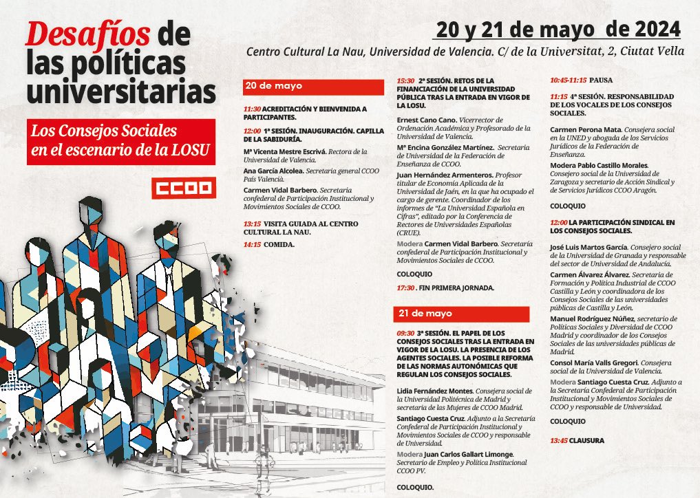 La Universidad, la Ley del Sistema Universitario y los Consejos Sociales, a debate, los días 20 y 21 de mayo, en #Valencia, con la participación de #CCOO de #Madrid @CCOO @viramundeando @limianosanabria