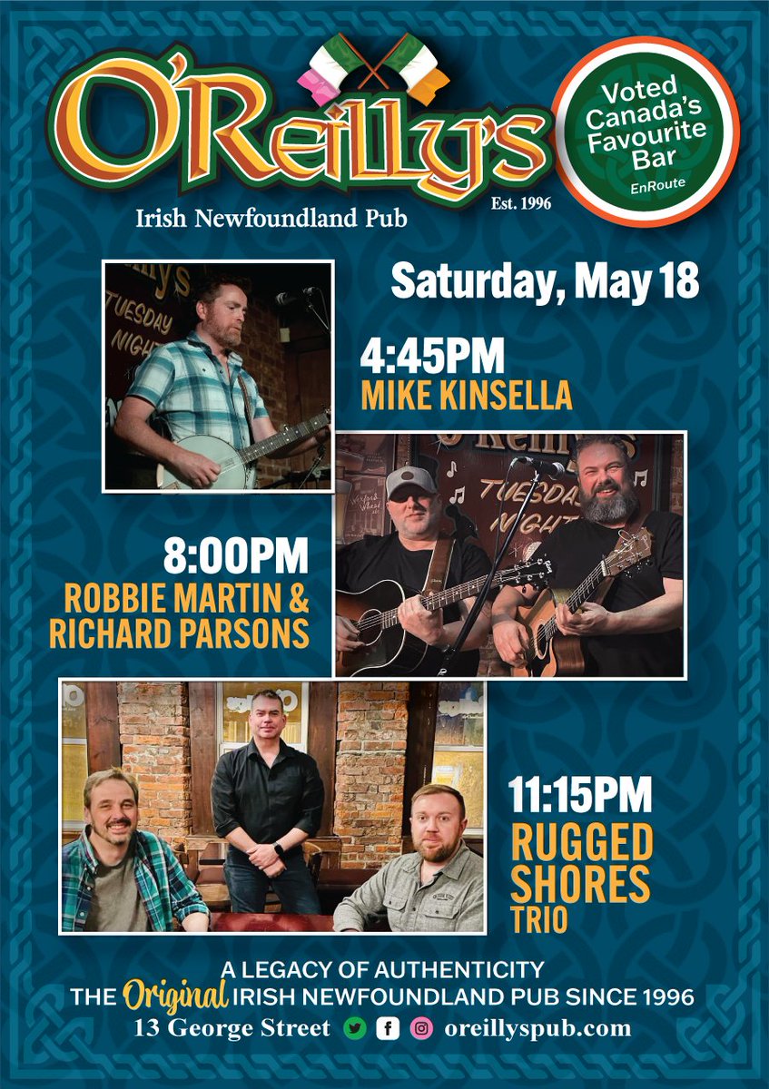 🍀Saturday Night at O'Reilly's🍀
Plan your Saturday early! Come early, have a meal and enjoy the music!
#Saturday #lineup #welcometotheexperience #theoriginalirishnewfoundlandpub #georgestreet #downtownstjohns