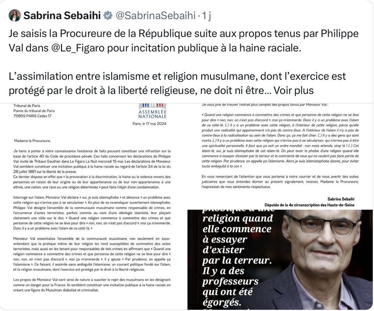 Soutien avec #PhilippeVal, qui ne fait qu’exercer son droit à la liberté d’expression! En France, les gens ont des droits, les idées n’ont pas de droit. La député écologiste et #NUPES @SabrinaSebaihi porte plainte contre lui pour des raisons fumeuses. #JeSuisCharlie