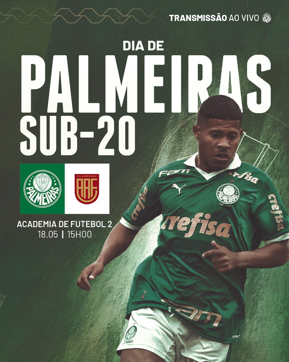 Fim de semana começando com #CriasDaAcademia e transmissão na TV Palmeiras/FAM! Mais um duelo pra manter a invencibilidade, molecada! 💪 ⚽ Palmeiras x Flamengo-SP 🏆 Paulista Sub-20 🏟 Academia de Futebol II ⏰ 15h 📺 youtube.com/Palmeiras 📰 tinyurl.com/229av9y3