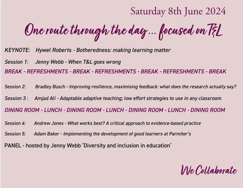 Workshop choices for #WeCollaborate24 are fast approaching - you might want to focus on teaching and learning and take this route through the day with @HYWEL_ROBERTS @BradleyKBusch @TeachLeadAAli @abowdenj @MrBakerUK @FunkyPedagogy Tickets ▶️rmsforgirls.com/wecollaborate/