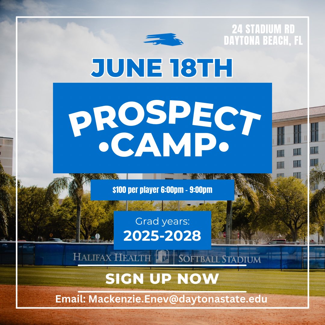 We’re a month out!! There’s still time to sign up for our summer Prospect Camp. Register now by emailing: Mackenzie.Enev@daytonastate.edu