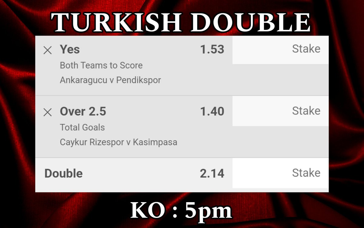DOUBLE

@ 2.14

KO : 5pm - Turkey 🇹🇷 

#Double #Tips #Bets #Betting