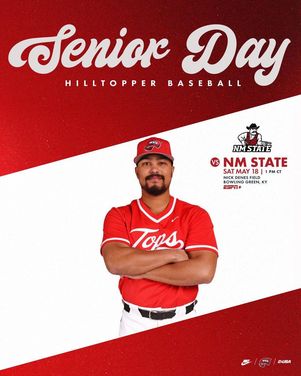 𝑺𝒆𝒏𝒊𝒐𝒓 𝑫𝒂𝒚 𝒐𝒏 𝑻𝒉𝒆 𝑯𝒊𝒍𝒍 👴 🆚 New Mexico State ⌚️ 1 PM CT 📍 Bowling Green, Ky. 🏟️ The Nick 📺 goto.ps/3ULycRp 📻 ESPNKY 102.7 🎙️ goto.ps/WKUBaseVN 📊 goto.ps/WKUBaseStats #GoTops | #Team105