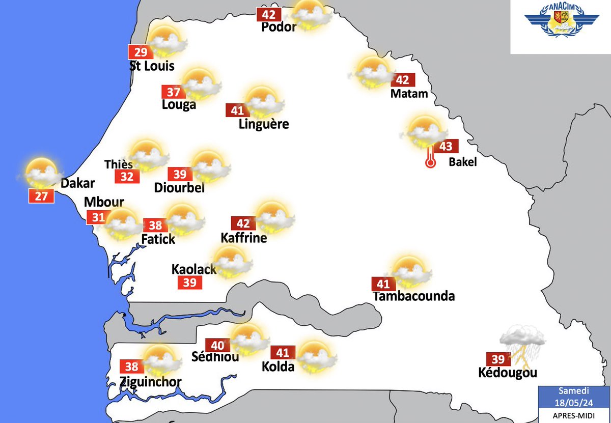 🇸🇳 Meteo du samedi 18/05/24

🌤️ Un ciel passagèrement nuageux alternera avec des éclaircies sur une bonne partie du pays. 

🌧️ Des nuages denses ☁️ prédomineront au Sud notamment vers Kédougou où des orages et pluies relativement faibles seront notés au cours de cette nuit.
(1/3)