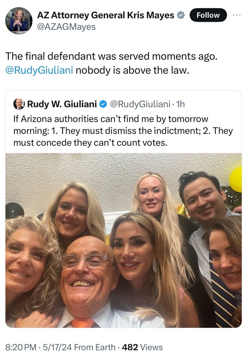 Giuliani getting served with the indictment and also roasted online roughly within an hour of posting this, and then blocking the Arizona AG to hide his shame, is a great moment in dying twitter history.