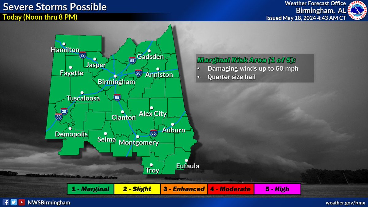 5.18.24- Marginal possibility of severe weather today. 60 mph winds and quarter-size hail possible. 12-8 pm.