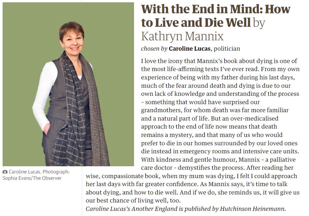 Thank you, @CarolineLucas, for nominating With The End In Mind as a 'Book for a better world.' There are some wonderful books nominated by writers, thinkers & creatives, so it's a delightful honour to be in that company. theguardian.com/books/article/…