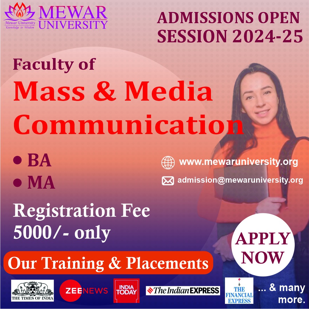 universitymewar's tweet photo. Faculty of Mass & Media Communication :: #Admissionopen for sessions 2024-25
Build a strong career in #Journalism & #MassCommunication with #MewarUniversity!
Course Fees
π #BJMC
π #MJMC
π https://t.co/4JyzMUur9W
#PracticalExposure #CUET2024 #TopUniversityInRajasthan https://t.co/1BdSs0uJtD