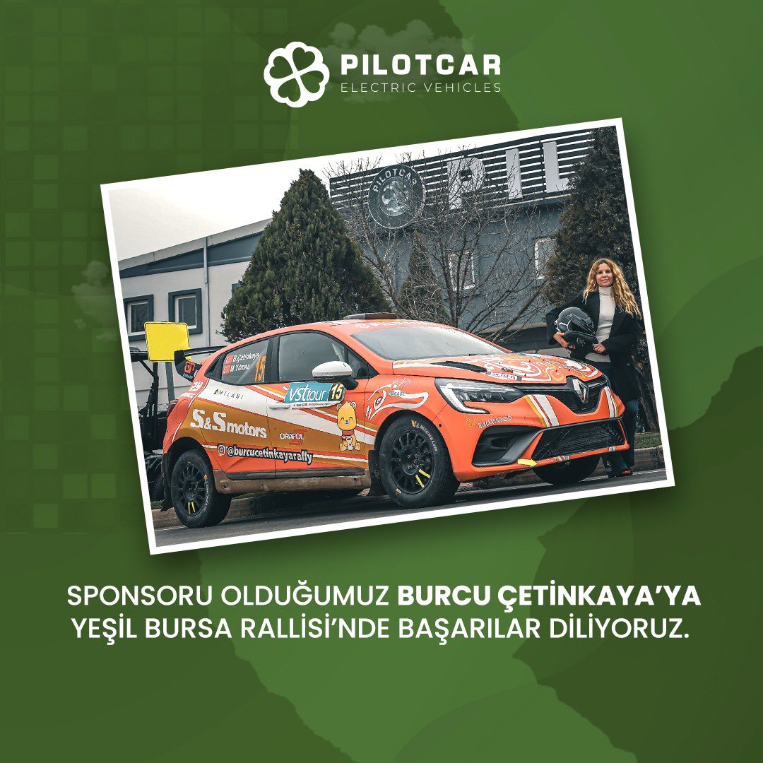 Türkiye’nin en eski otomobil sporları kulübü olan Bursa Otomobil Spor Kulübü (BOSSEK) tarafından her yıl geleneksel olarak düzenlenen Yeşil Bursa Rallisi’nde sponsoru olduğumuz Burcu Çetinkaya’ya başarılar diliyoruz. #Pilotcar #YeşilBursaRallisi