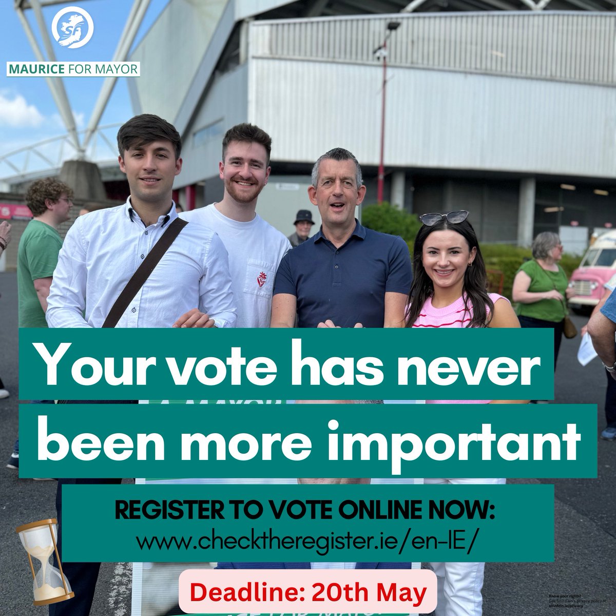 🚨DEADLINE APPROACHING🚨 Make sure you’re registered to vote before the 20th of May. Together on Friday the 7th of June let’s elect a Mayor for all! Vote for change! Vote Sinn Féin #Maurice4Mayor #SinnFein #Limerickmayor #limerick
