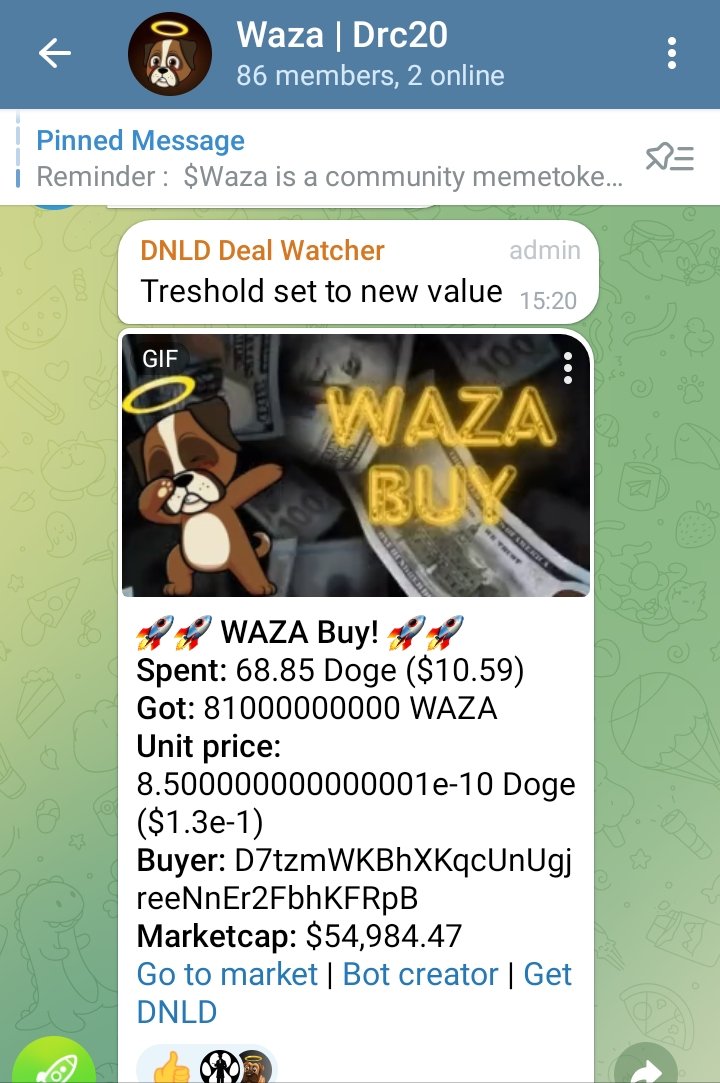 Buy Bot $Waza is active 🐾 We thank @DoginaldTrump president for integrating Buy Bot on our telegram 🔥 It is important to keep good vibrations in the Doginals ecosystem. •• FEEL WAZA VIBES •• #Doginals #Drc20 #Dogecoin #Doge