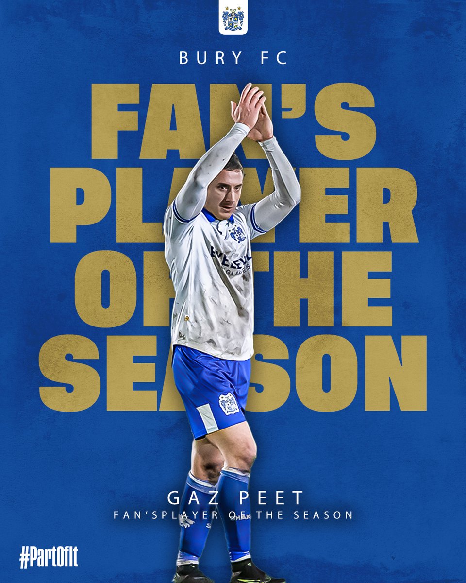 And for our final award of the day... Your #BuryFC Fans Player of The Season is Awarded to 🥁🥁🥁🥁 Gaz Peet! Gaz ran away with over 60% of the overall vote after a phenomenal season! A true fan favourite! #BuryFCAwards
