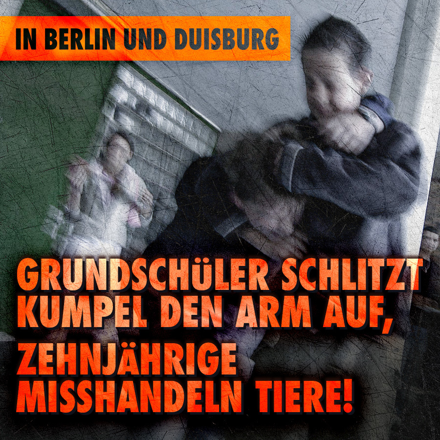 In Berlin und Duisburg ist es zu schwerer Gewalt von Kindern gekommen: In Spandau schlitzte ein 8-Jähriger seinem Mitschüler den Unterarm mit einem Bleistiftspitzer an; in Duisburg-Marxloh steinigten 10-Jährige ein Huhn und misshandelten einen Ziegenbock mit Spaten, Steinen,