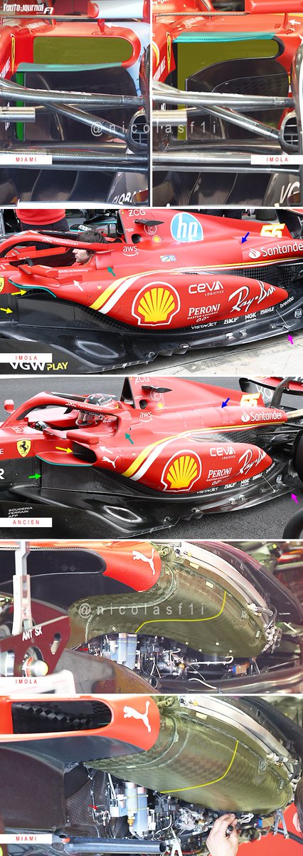 In #ImolaGP, #Ferrari brought a revised #SF24. New sidepods and inlets (forward top lip like Red Bull + new P-shape inlet like Merc & Alpine) that improve flow quality over the floor edge. Smaller sidepods to enhance undercut & increase airflow speed along lower body.
#F1 #TechF1