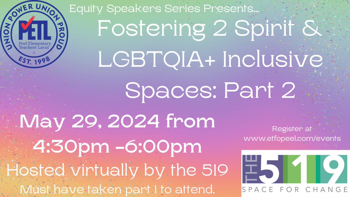 May 29/24 - Fostering 2 Spirit and LGBTQIA+ Inclusive Spaces (Part 2)
Hosted by @The519 join us as we dig deeper into creating classrooms that support all students. (You must have taken part 1 to attend)
#PETL members register: etfopeel.com/event/fosterin…