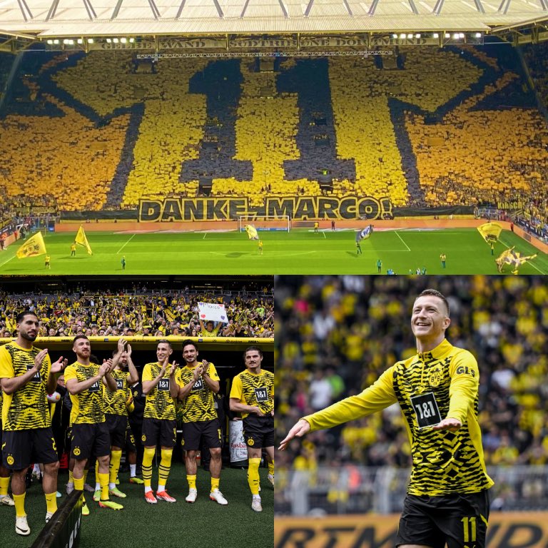 El brutal homenaje a Marco Reus en su último partido como jugador del Borussia Dortmund en el Signal Iduna Park. El tifo lo dice todo: 𝗚𝗥𝗔𝗖𝗜𝗔𝗦. Gracias por su lealtad, sentido de pertenencia, entrega y amor incondicional al BVB. Honor a quien honor merece. 𝗟𝗘𝗬𝗘𝗡𝗗𝗔
