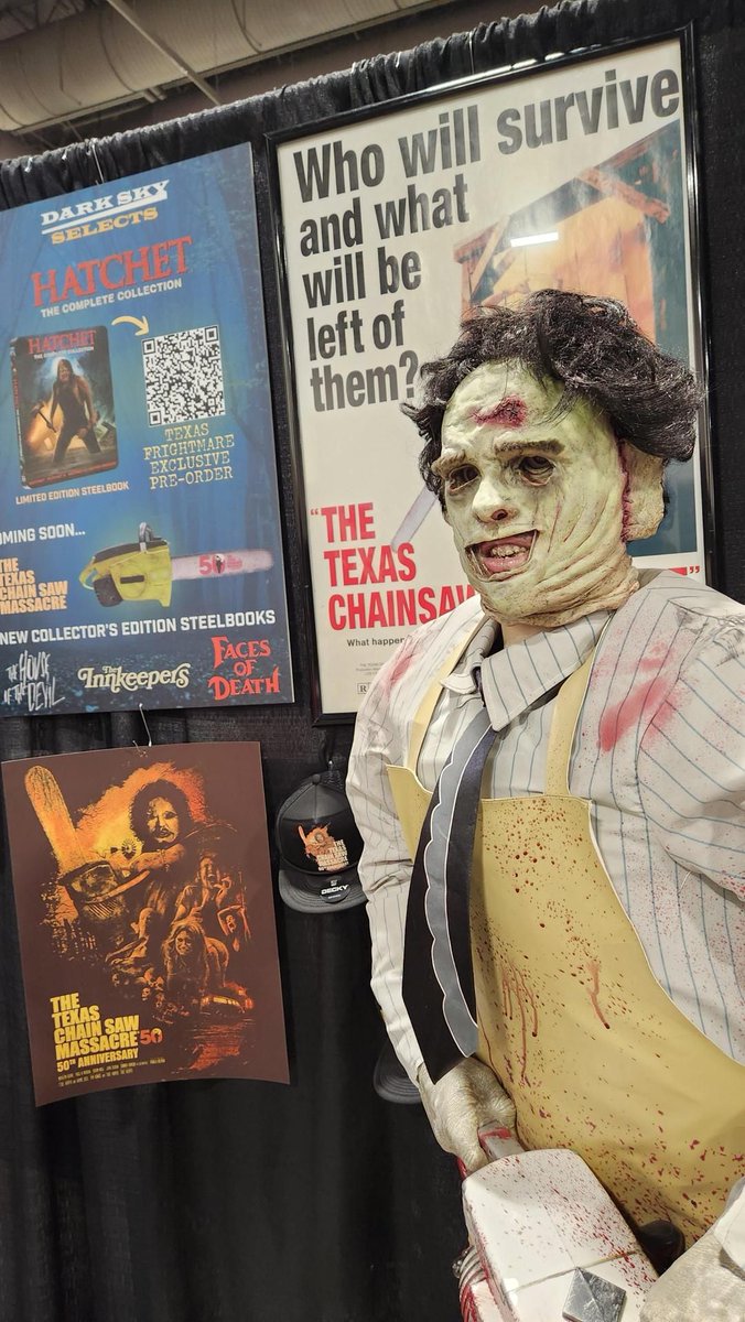 The man, the myth, the LEGEND! Leatherface is at the Dark Sky Films Booth 403. Come over, strike a pose, and check out our exclusive merch! #texasfrightmare #TCM50 #texaschainsawmassacre #DarkSkySelects #horrormerch #physicalmedia #bluray #dvd #bluraycollector #darkskyfilms