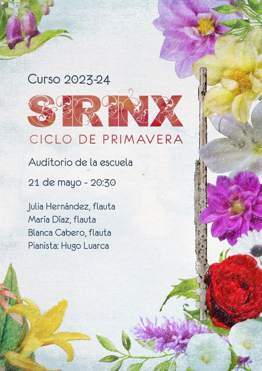 emsirinx's tweet photo. ¡Comenzamos nuestro #CicloDePrimavera 2024!
Los alumnos que terminan su formación en nuestra escuela os ofrecen un ciclo de conciertos que comienza este martes, 21 de mayo, a las 20:30. Una hora de fantástica música para flauta y piano. Auditorio,  Entrada libre. https://t.co/d2rkmmhryk