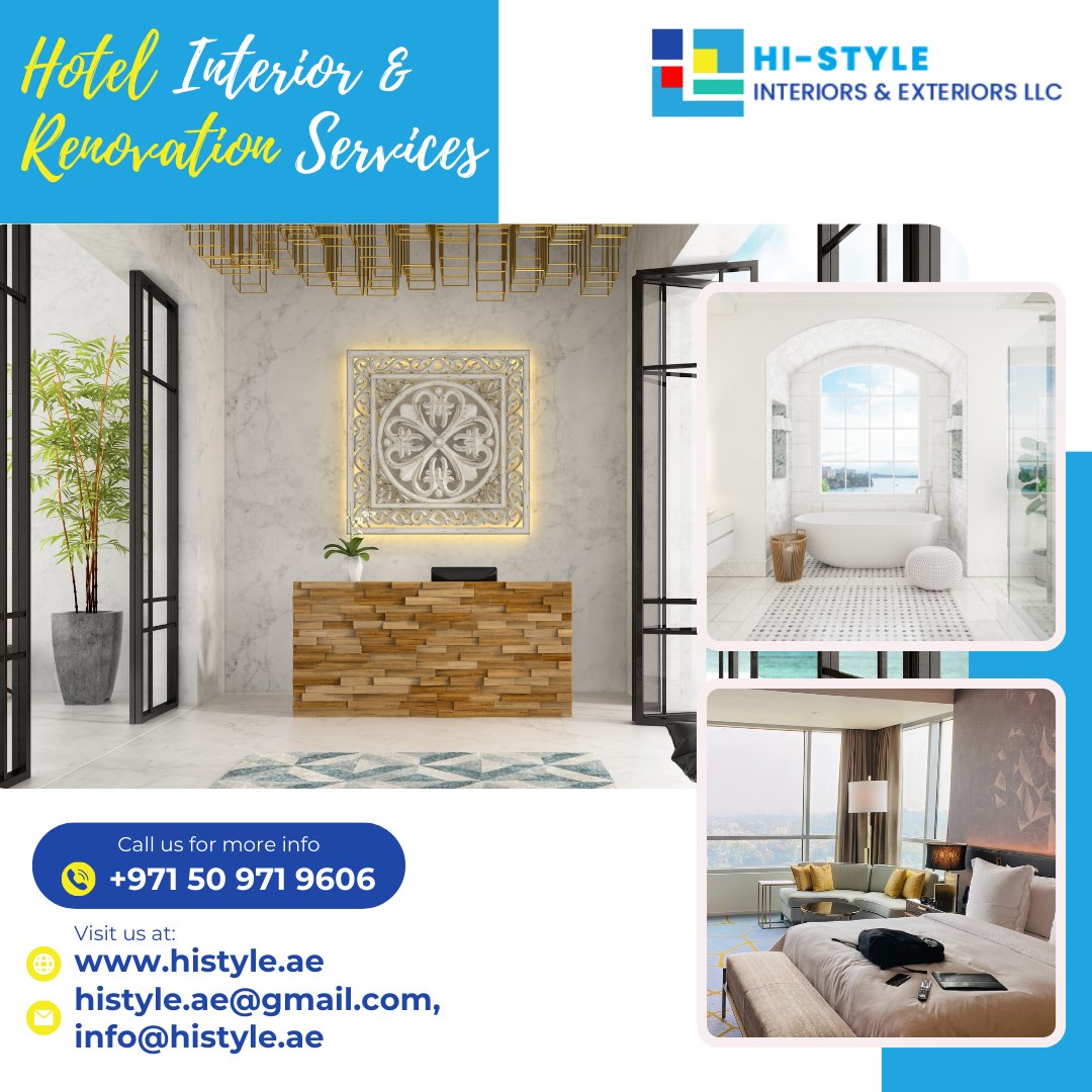 HiStylellc's tweet photo. "Transform your space with elegance and style! Discover premier hotel interior and renovation services in the UAE that elevate luxury to a new level. ✨🛋️ #HotelRenovation #InteriorDesignUAE #UAEInteriors #DesignDreams #LuxuryLifestyle #HiSTyle" https://t.co/V69XDyrMqy