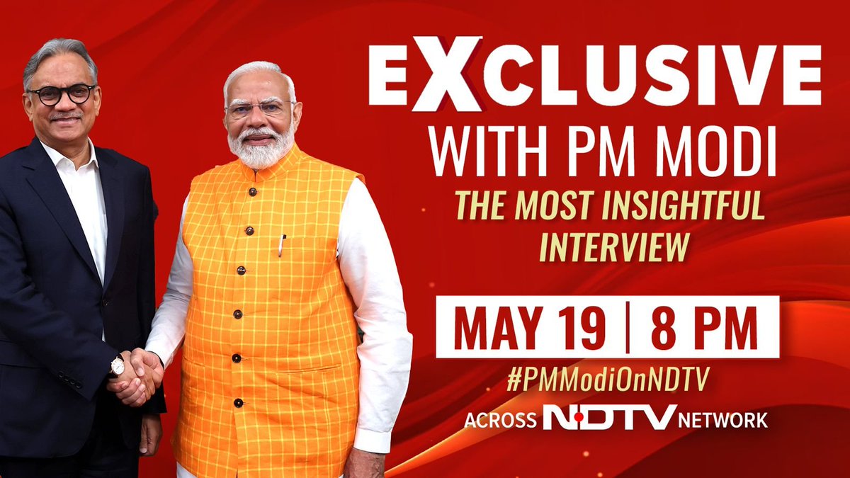 #PMModiOnNDTV | Watch PM Narendra Modi's (@narendramodi) most insightful interview with NDTV's Sanjay Pugalia (@sanjaypugalia) 📅 May 19 ⏰8 pm 📺NDTV 24X7 🔗 ndtv.com/live #NDTVMegaExclusive