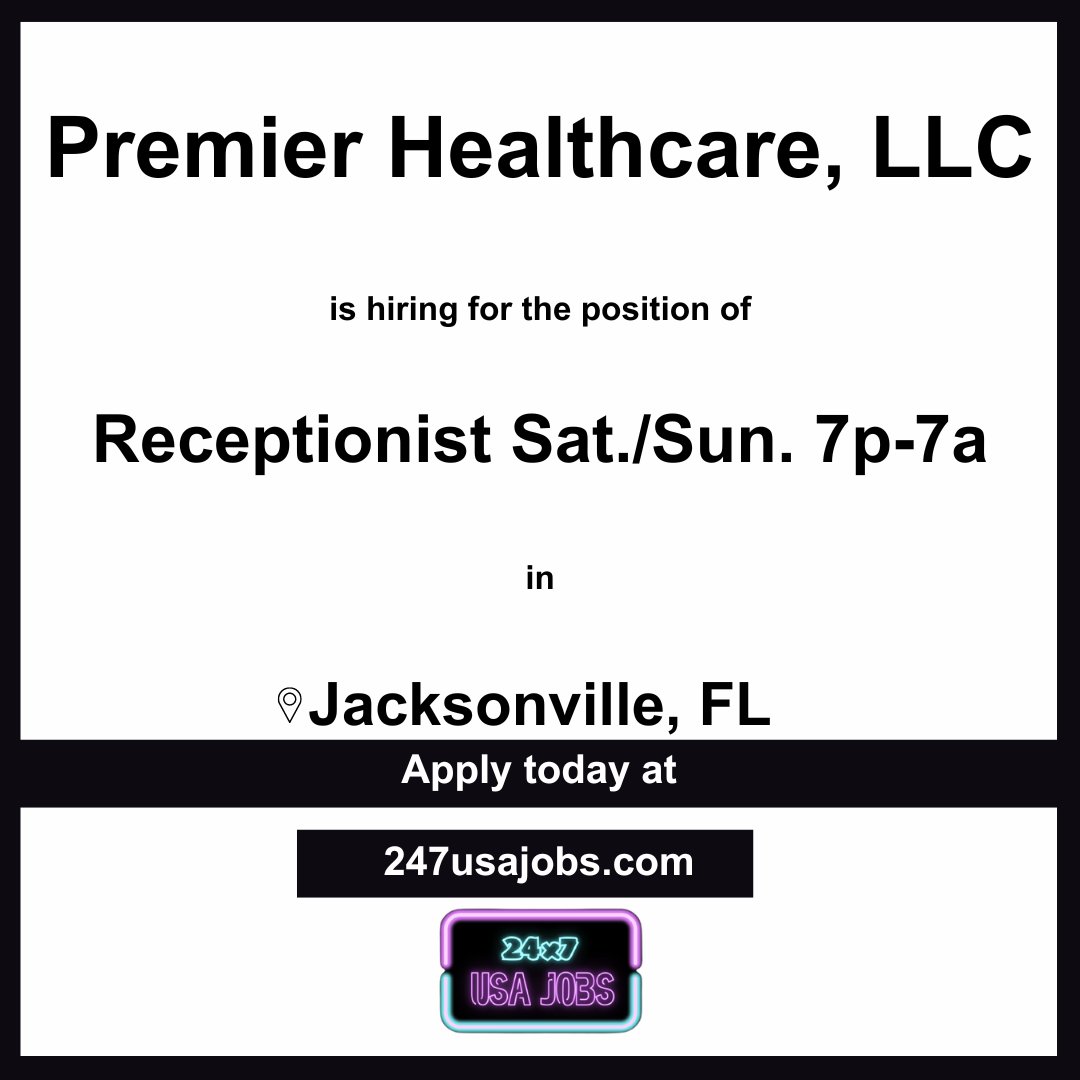 CareerSphereJob's tweet image. 🌙 Join Premier Healthcare, LLC in Jacksonville, FL as a weekend Receptionist (Sat./Sun. 7p-7a)! If you&apos;re a night owl with strong communication skills, apply now and become a vital part of our team. #Receptionist #JacksonvilleFL #WeekendJob