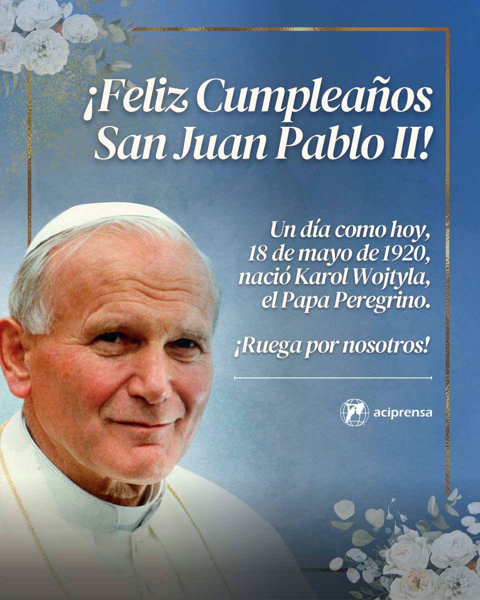 aciprensa's tweet photo. El 18 de mayo de 1920, hace 104 años, nació en la pequeña ciudad de Wadowice (Polonia), Karol Wojtyla, quien en octubre de 1978 se convertiría en el Papa Juan Pablo II.

El futuro Pontífice vio la luz en el hogar de Karol Wojtyla, un suboficial del ejército polaco que falleció en 1941, y Emilia Kaczorowska, quien murió el 13 de abril de 1929.

Karol Wojtyla fue ordenado sacerdote en Cracovia el 1 de noviembre de 1946.

El sacerdote de 26 años fue enviado por el Cardenal Sapieha a Roma, donde en 1948 obtuvo el doctorado en Teología con una tesis sobre el tema de la fe en las obras de San Juan de la Cruz.

El 4 de julio de 1958, el Papa Pío XII lo nombró Obispo Auxiliar de Cracovia. Recibió la consagración episcopal el 28 de septiembre de 1958 en la Catedral de Wawel (Cracovia), de manos del Arzobispo Eugeniusz Baziak.

El Papa San Pablo VI lo nombró Arzobispo de Cracovia en 1964 y en junio de 1967 lo creó Cardenal.

El 28 de septiembre de 1978 falleció el Papa Juan Pablo I y todos los Cardenales fueron llamados a Roma, entre ellos el entonces Arzobispo de Cracovia.

El 14 de octubre, diez días después del funeral del Santo Padre, los obispos se reunieron en la Capilla Sixtina para dar inicio al cónclave que duró dos días. En ocho votaciones fue elegido el Cardenal Wojtyla, quien tomó el nombre de Juan Pablo II.

El pontificado de San Juan Pablo II duró 26 años y cinco meses, el tercero más prolongado de la historia. Durante ese tiempo hizo 104 viajes apostólicos por el mundo, por lo cual fue llamado el “Papa peregrino”.

El Papa Juan Pablo II falleció el 2 de abril de 2005. Fue beatificado por su sucesor Benedicto XVI el 1 de mayo de 2011 y canonizado por el Papa Francisco el 27 de abril de 2014.

Más información:
👉 https://t.co/ylsXBJEttp